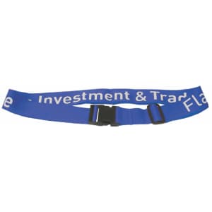 A blue luggage strap with a clasp, featuring a logo and white text.