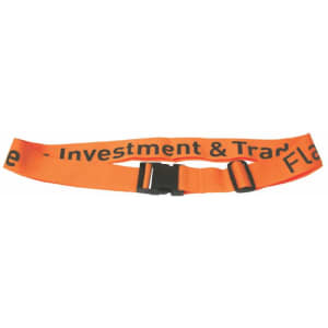 An orange luggage strap with a buckle, featuring black text and a logo.