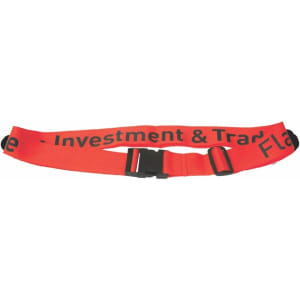 A bright red luggage strap featuring adjustable buckles and a logo, designed for securing bags.