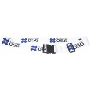 A white luggage strap with blue branding and a black buckle.