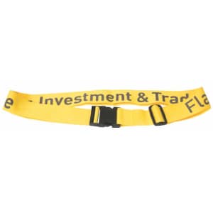 A yellow luggage strap with a buckle, featuring a logo and text along its length.