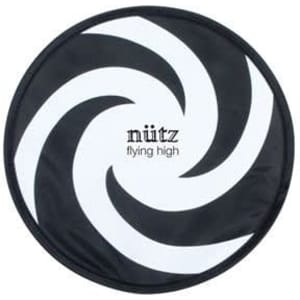 A black and white spiral design frisbee with a logo in the centre, featuring a sleek, aerodynamic shape.