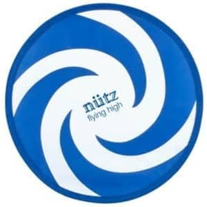 A blue and white spiral-patterned frisbee featuring a logo.