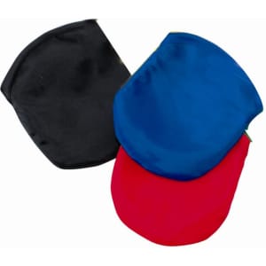 A set of three frisbees in black, blue, and red, featuring a smooth surface and a logo on one.