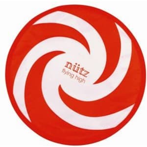 A red and white spiral-patterned Frisbee featuring a logo in the centre.