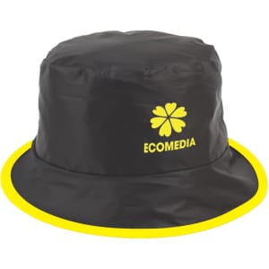 A black bucket hat with a yellow brim and a logo on the front. Suitable for various outdoor activities.