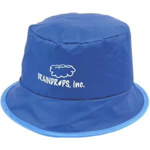 A blue bucket hat with a light blue brim and a logo on the front.