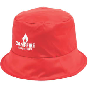 A red bucket hat with a logo on the front, featuring a wide brim and a soft fabric design.