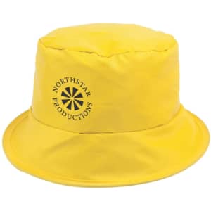 A yellow bucket hat featuring a logo, designed for headwear use.