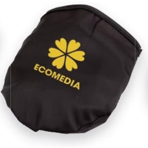 A black headwear product with a yellow logo featuring a flower design and branding.