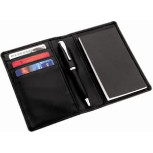 A black leather pocket jotter featuring card slots, a pen, and a notepad holder.