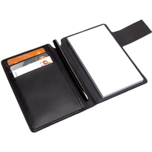 A black leather pocket jotter featuring a notepad, a pen, and spaces for cards.