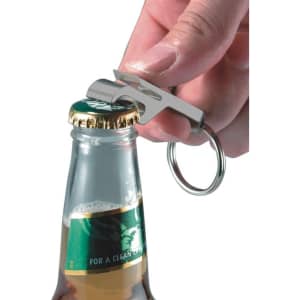A drink bottle opener keyring in silver being used to open a beer bottle, featuring a keyring attachment.