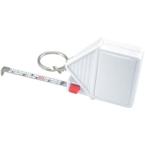 A white house-shaped tape measure with a keyring, featuring a retractable measuring tape marked in centimetres.