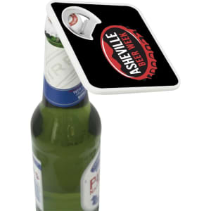 A drink bottle with a white bottle opener-coaster featuring a black design and a logo.