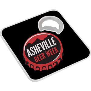 A drink bottle opener-coaster in black with a circular red and white cap design featuring a logo.