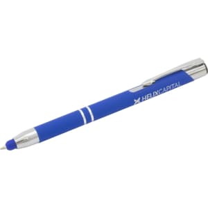 A blue stylus pen with a silver clip and branding on the barrel.