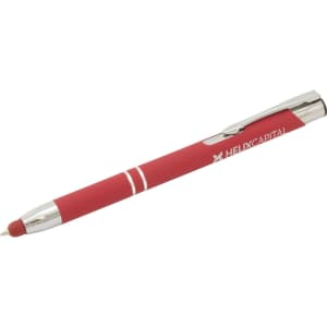 A red stylus pen with a shiny silver clip and branding. It features a smooth grip for easy handling.