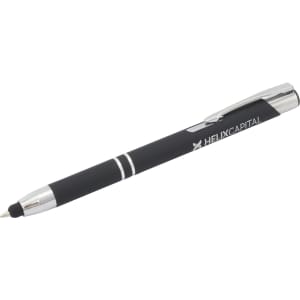 A black stylus pen with a silver clip and branding on the barrel. Suitable for writing and touchscreen use.