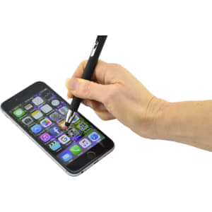 A black stylus pen being used on a smartphone screen, showcasing its sleek design and functionality.