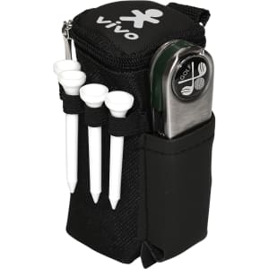 A black golf pack with a zipper, containing a tee holder, a golf ball marker, and three white tees. It features a logo.
