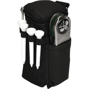 A black golf accessory pack featuring a zippered bag, tees, and a golf gadget with a logo.