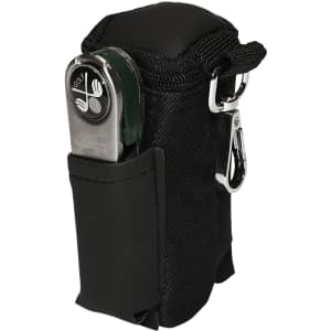 A black pouch with a clip, featuring a golf tool and a pocket, ideal for golfers. It has a logo on the front.
