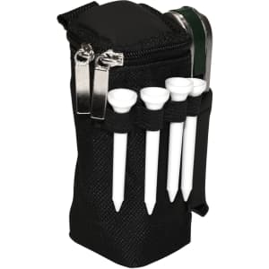 A black zippered pouch containing golf tees and a small accessory, featuring a clip and branding.