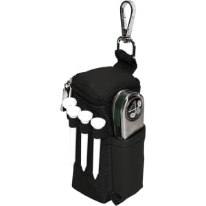 A black golf accessories pouch with a clip, featuring space for tees and a ball marker.