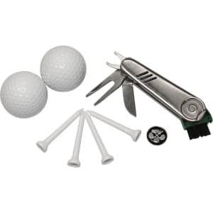 A grey multi-tool, two white golf balls, four white tees, and a brush with a logo.