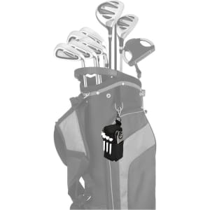 A golf bag featuring clubs and a black and white themed accessory with a logo.