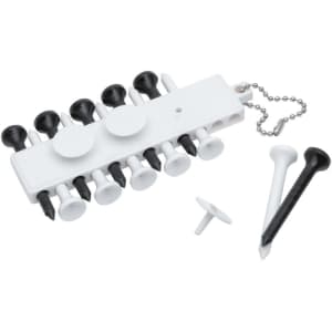 A white golf tee holder with black and white tees attached, along with a few loose black and white tees.