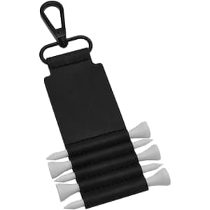 A black Birdie Golf Tee Holder featuring space for multiple white golf tees and a clip for attachment.