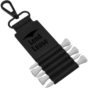 A black golf tee holder featuring multiple white tees and a clip for attachment. It includes a logo.