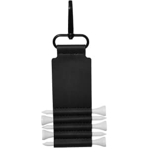 A black golf tee holder with a clip, featuring four white golf tees secured in a horizontal slot.