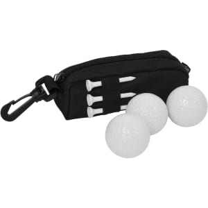 A black pouch with three white golf balls and four golf tees, featuring a clip for attachment.