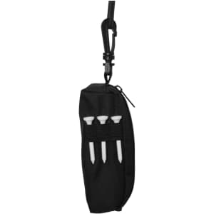 A black pouch with a zipper, containing three white golf tees, attached to a clip.