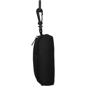 A black zippered pouch with a clip attached, hanging from a hook.