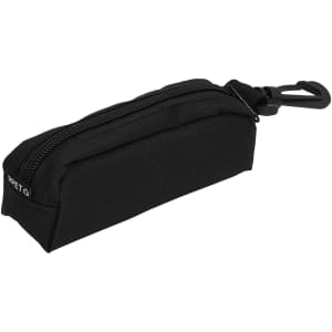 A black zippered pouch with a clip, featuring a textured fabric and a small branding logo.