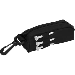 A small black zippered pouch with a clip, featuring spaces for three white golf tees.