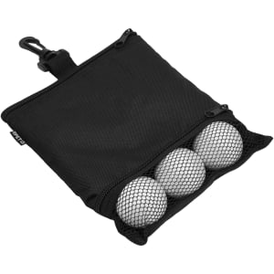 A black pouch with a mesh front containing three white golf balls, featuring a zip closure and a hook.