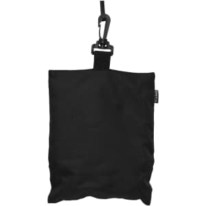 A black fabric pouch with a hook for attachment, featuring a small tag.