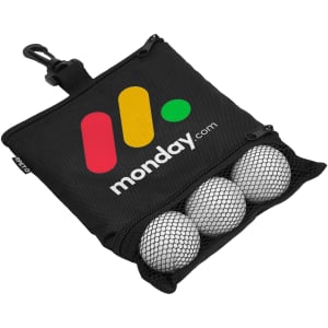 A black pouch with a logo, featuring three golf balls inside a mesh compartment.