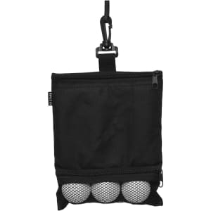 A black pouch with a zip and clip, holding three golf balls in a mesh compartment.
