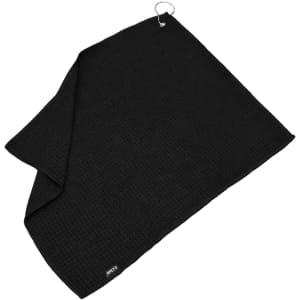 A black golf towel with a textured surface and a metal ring for attachment. Features a small logo.
