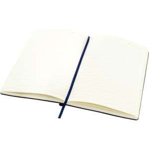An A5 notebook with a navy cover, featuring blank lined pages and a matching ribbon bookmark.