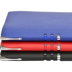 Three A5 notebooks displayed in blue, red, and black, featuring silver accents and a sleek design.