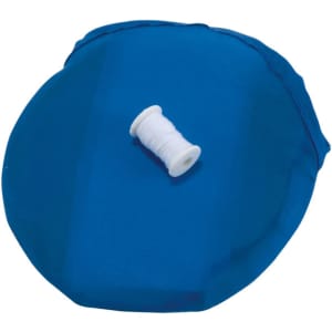 A blue kite with a white spool of string on top, designed for outdoor play. Features branding.