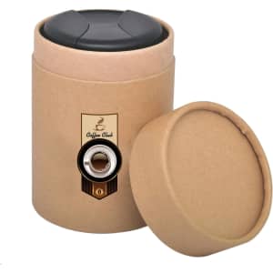 A cylindrical kraft paper tube with a black lid, featuring a logo on the front, open to reveal the interior.