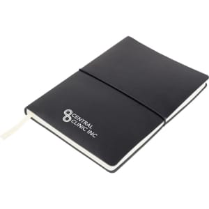 A black Tango A5 notebook with a white logo, featuring an elastic closure and a ribbon bookmark.